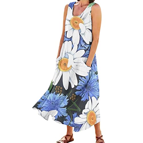 Women Sun Dresses 2024 Casual Long Summer Boho Sleeveless Dress with Pockets Floral Loose Fit Plus Size Flowy Maxi Dress