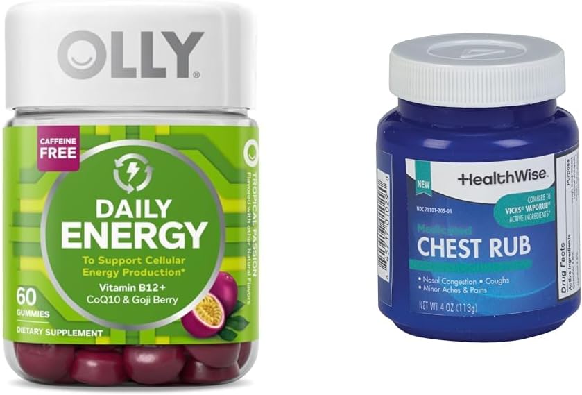 OLLY Daily Energy Gummy Vitamin B12 CoQ10 Goji Berry Tropical Flavor 60 Count & Medicated Chest Rub Eucalyptus Menthol Camphor 4 oz Jar