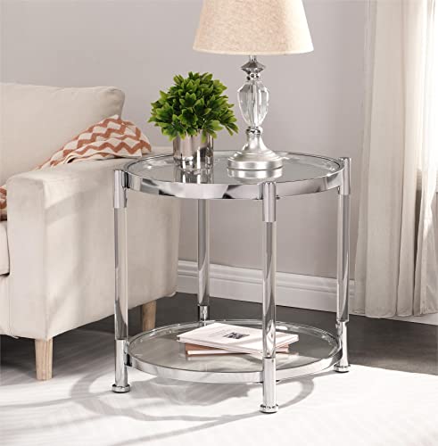 Modern 2 Tier Acrylic Coffee Table, Round Tempered Glass Sofa Side Table, Chrome/Silver Coffee Table for Living Room (22 inches)