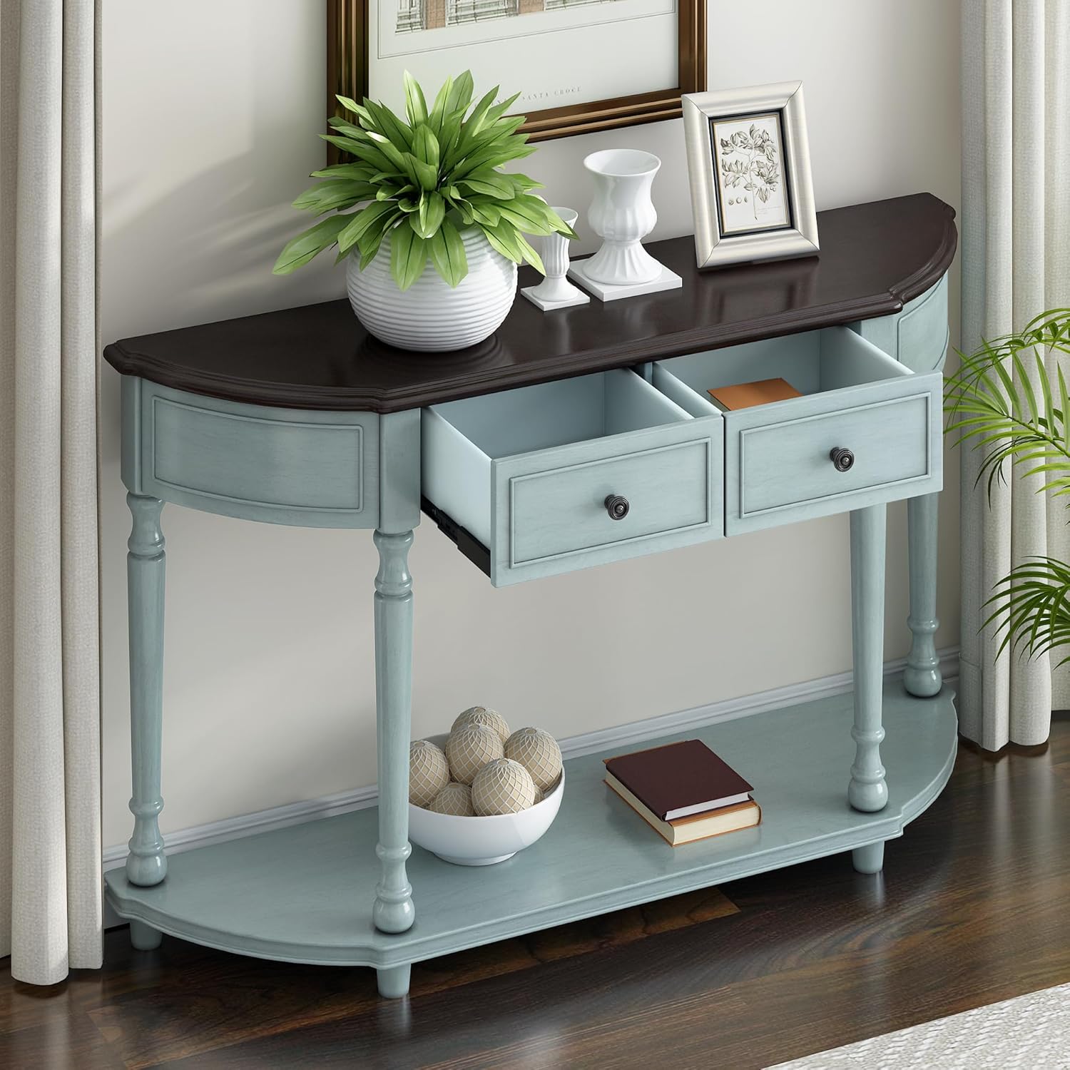 Retro Circular Curved Design Console Table with Open Style Shelf Solid Wooden Frame and Legs Two Top Drawers (Cherry + Antique Blue, OLD SKU: WF298768AAC)