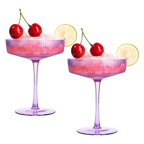 Vintage Art Deco Coupe Glasses, Martini, Champagne & Cocktail Ribbed Glass 7 oz | Set of 2 | Crystal, Manhattan, Cosmopolitan, Sidecar Cocktail Glassware for Champagne , Ripple Glassware - Gift Box