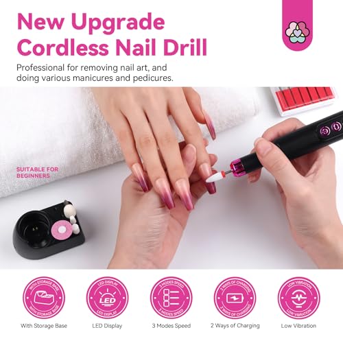 SAVILAND Professional Electric Nail File: 20000RPM Portable Efile Nail Drill Pink Rechargeable Nail Drill with Base for Nail Grinding & Polishing Gel Acrylic Nails Faster Remover Salon at Home