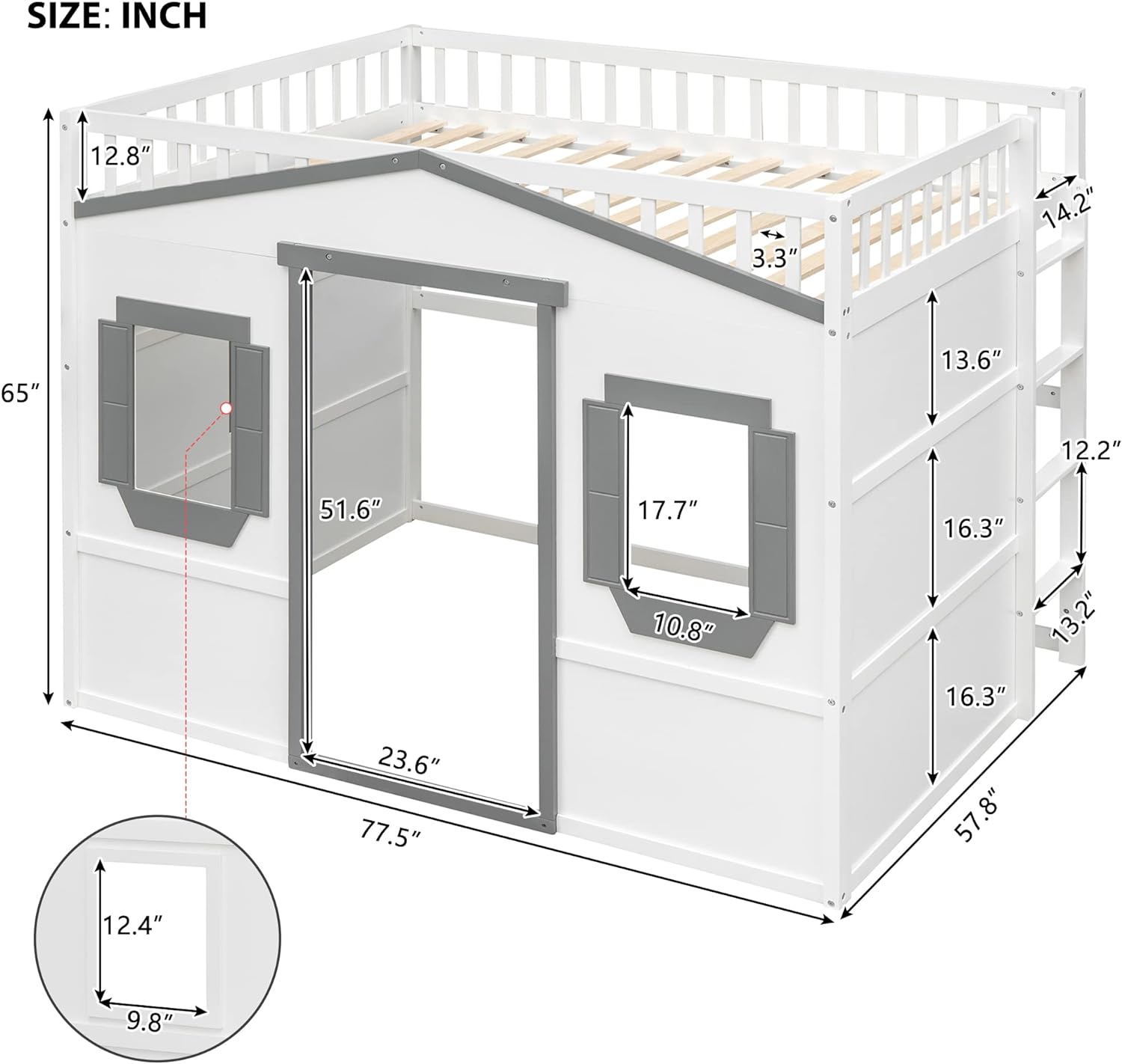 Full Size House Loft Bed with Ladder,Kids Wooden House Bed with Two Side Windows for Girls Boys,Gray+White
