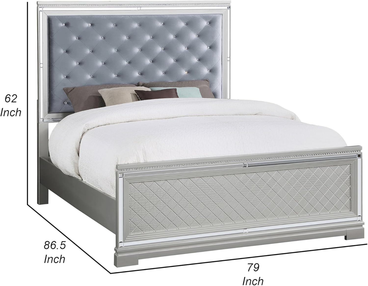 Benjara Axl King Size Bed, Tufted Headboard, Mirror Trim, Velvet Upholstery, Silver, Metallic