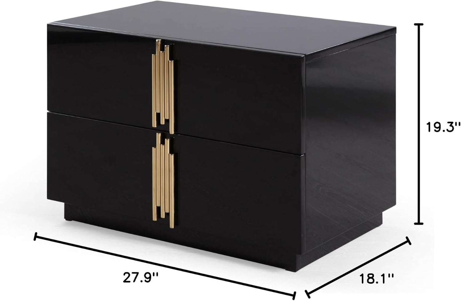 Abramo Collection Modern Bedroom High Gloss 2-Drawer Nightstand, Black, Champagne Gold