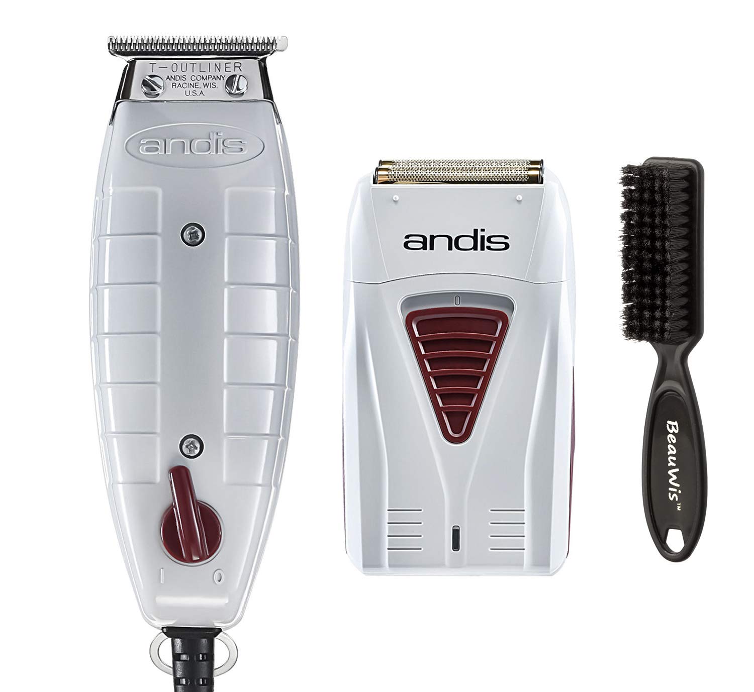 Andis Professional Finishing Combo, T-Outliner Beard/Hair Trimmer with T-Blade, Gray, Model GTO - Cordless Mens Lithium Battery Titanium Foil Shaver (17195) - Bundled with BeauWis Brush