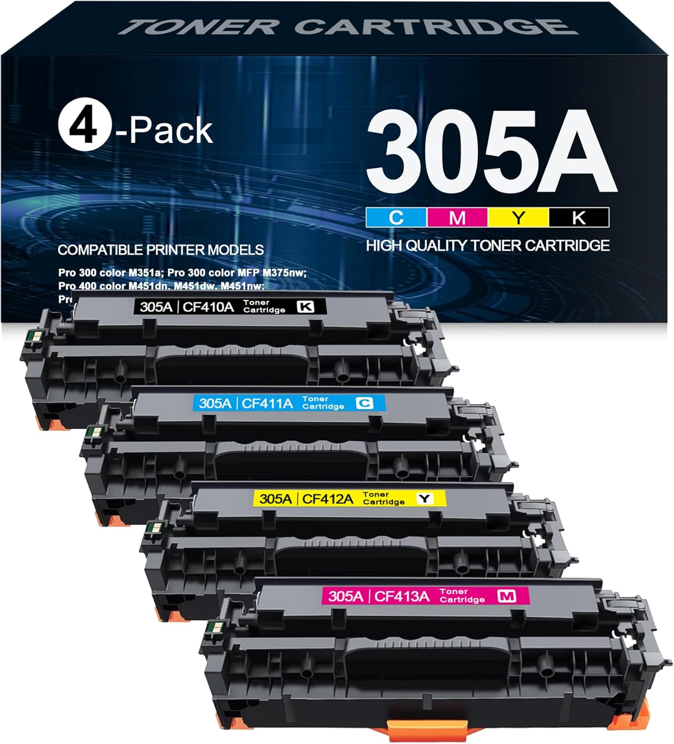305A Toner Cartridge 4 Pack High Yield Replacement for HP 305A CE410A CE411A CE412A CE413A, Works with Pro 400 MPF M425dn, M425dw, M425nw Printers(305A Black, Cyan, Magenta, Yellow)