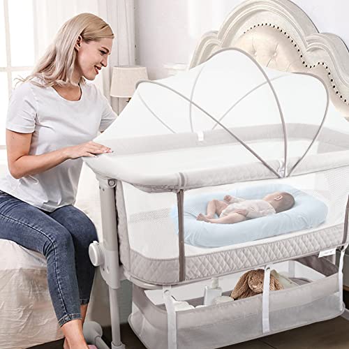 Baby Bassinet Bedside Sleeper, 3 in 1 Bedside Bassinet for Baby w/Soft Mattress, Breathable Mesh, Wheels and 6 Height Adjustable, Easy Folding Travel Bassinet, Safe Cosleeper Bedside Crib
