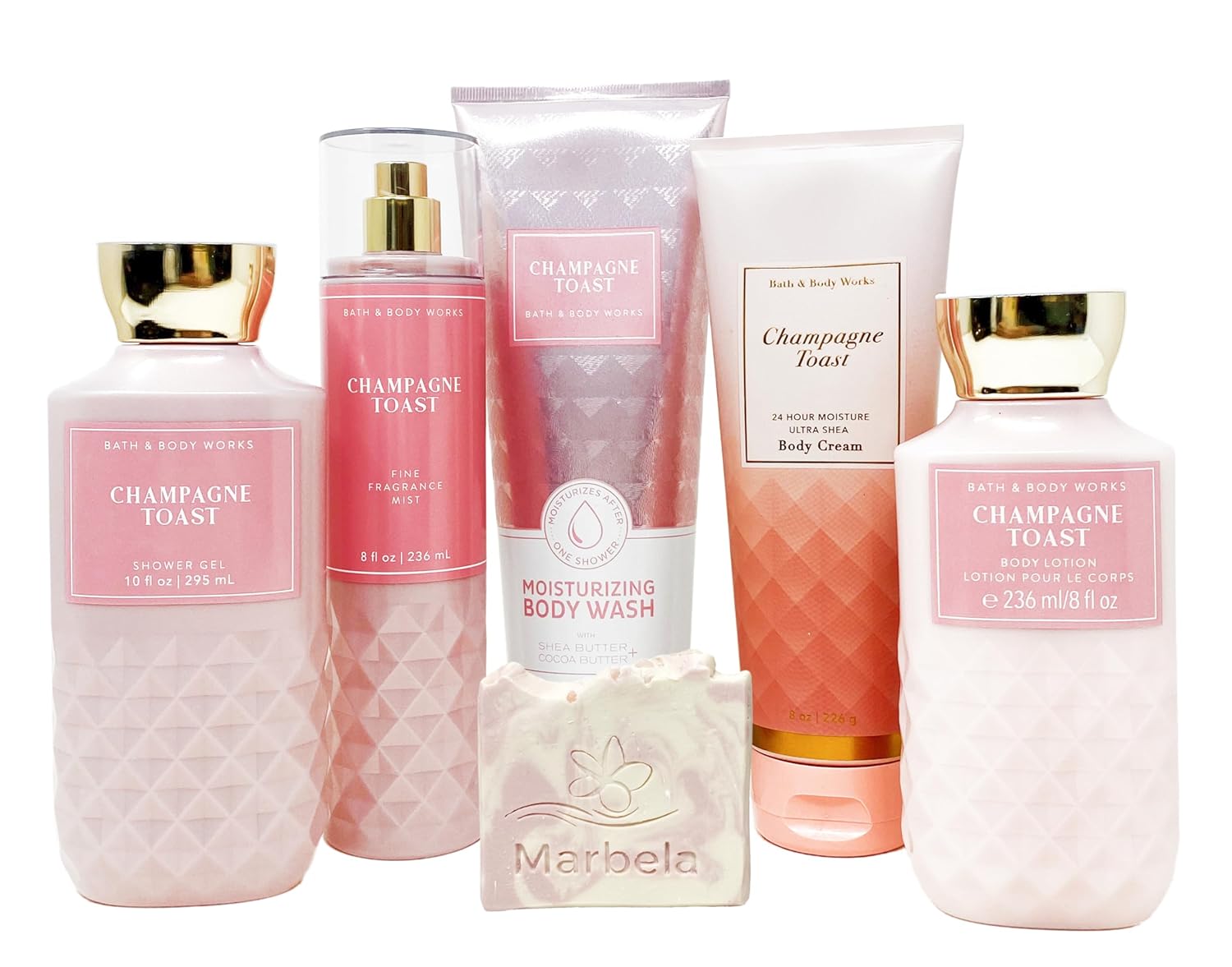 Bath & Body Works Champagne Toast - Deluxe Gift Set - Fine Fragrance Mist, Moisturizing Body Wash, Body Cream, Shower Gel and Body Lotion With a Himalayan Salts Springs Sample Soap.