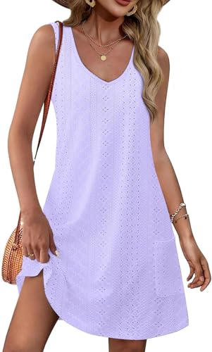 Women's Sleeveless Summer Dress Eyelet Tank Short Mini Casual Lace V Neck Hollow Out Cute A Line Beach Sundress