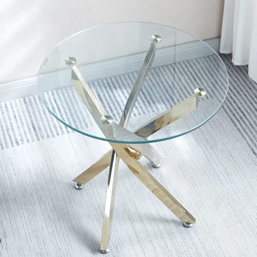 Round Glass End Table,Glass Side Table with Clear Tempered Glass Top and 4 Cross Silver Chrome Stainless Steel Legs, Round Glass Coffee Table Corner Table for Living Room Bedroom Small Space (Silver)