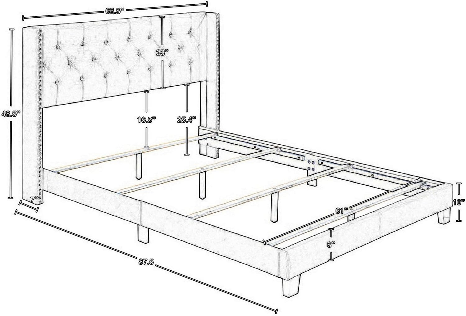 Benjara Lih Modern Wingback Queen Bed, Button Tufted Headboard, Nailhead Trim, Gray, Black