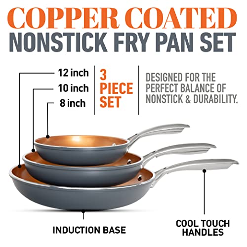 GOTHAM STEEL Frying Pan Set, 3 Piece Nonstick Copper Fry Pans Set, 8”, 10” & 12” Nonstick Frying Pans, Nonstick Skillet Set, Omelet Pan, Cookware, PFOA Free, Dishwasher Safe, Cool Touch Handle - RED