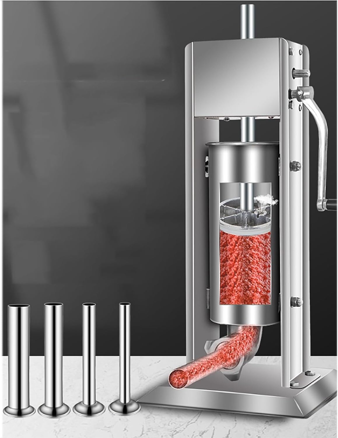 Sausage Stuffer, 2L/3L/5L Stainless Steel Vertical Sausage Maker with 4 Replaceable Nozzles, Adjustable 2 Speeds and 1.5KG/H-4KG/H Production, Automatic Exhaust, for Home, Restaurant