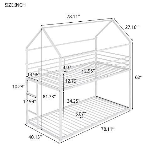 JINS&VICO Twin Over Twin House Bunk Bed with Built-in Ladder, Metal Floor Bunk Bed Frame for Teens Girls Boys, No Box Spring Needed, Black 78.11