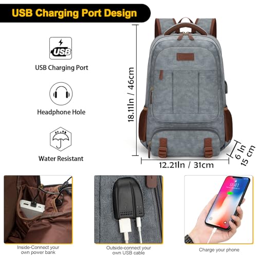 Tzowla Canvas Laptop Backpack, Bag for Men Women,Travel Work Rucksack Fits 15.6 Inch Laptop, Bookbag with USB Charging Port