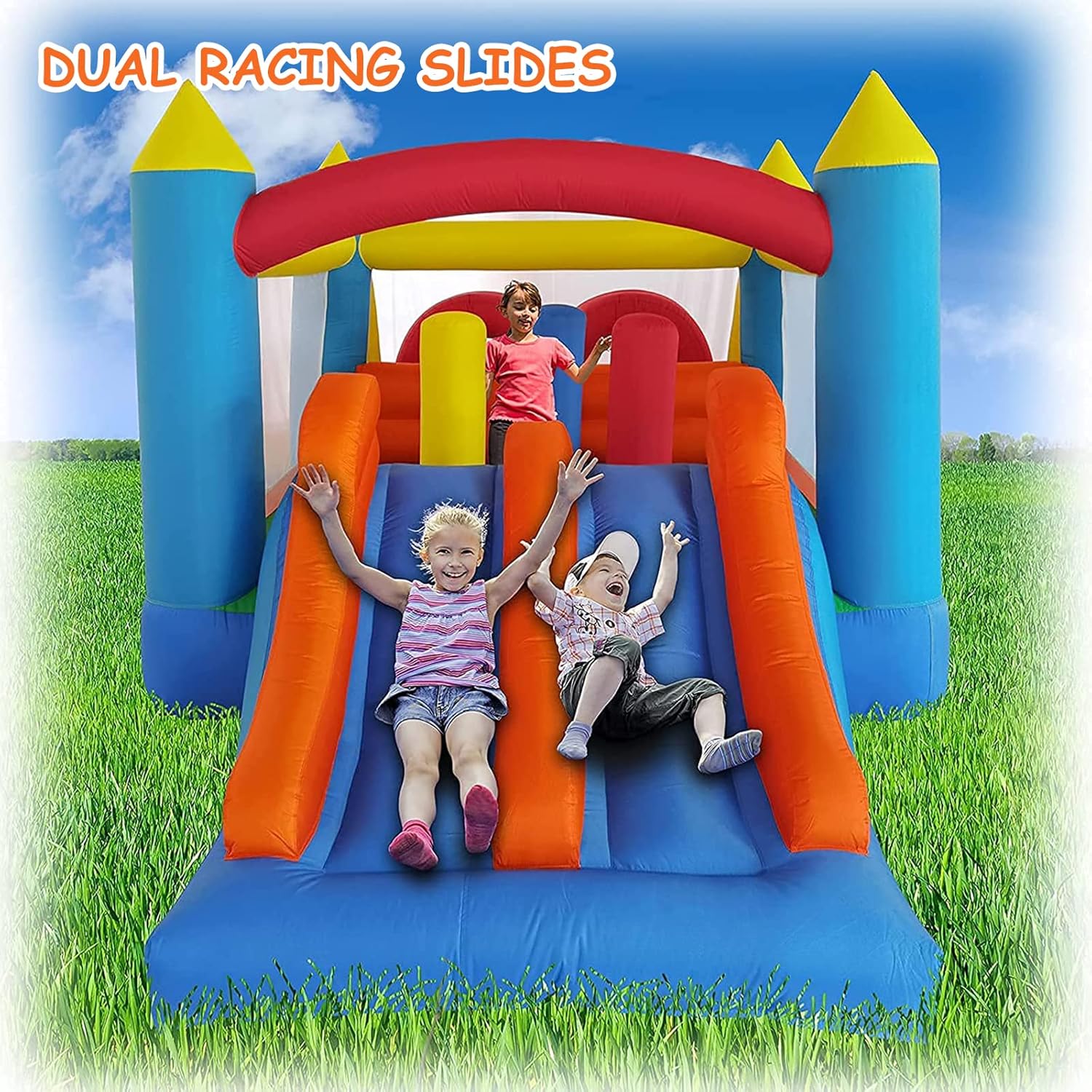 HuaKastro 16.3x7FT Kids Inflatable Obstacle Bounce House with Dual Racing Slides, Crawl Tunnels, Climbing, Obstacles, Jumping All in One Castle Great for Children's Outdoor Party - with Blower