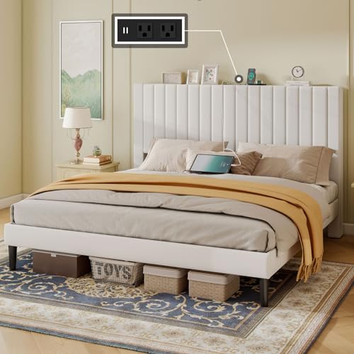 King Size Bed Frame Velvet Upholstered Tufted Headboard with Charging Station, Wooden Slats Support, Mattress Foundation, Box Spring Optional, White