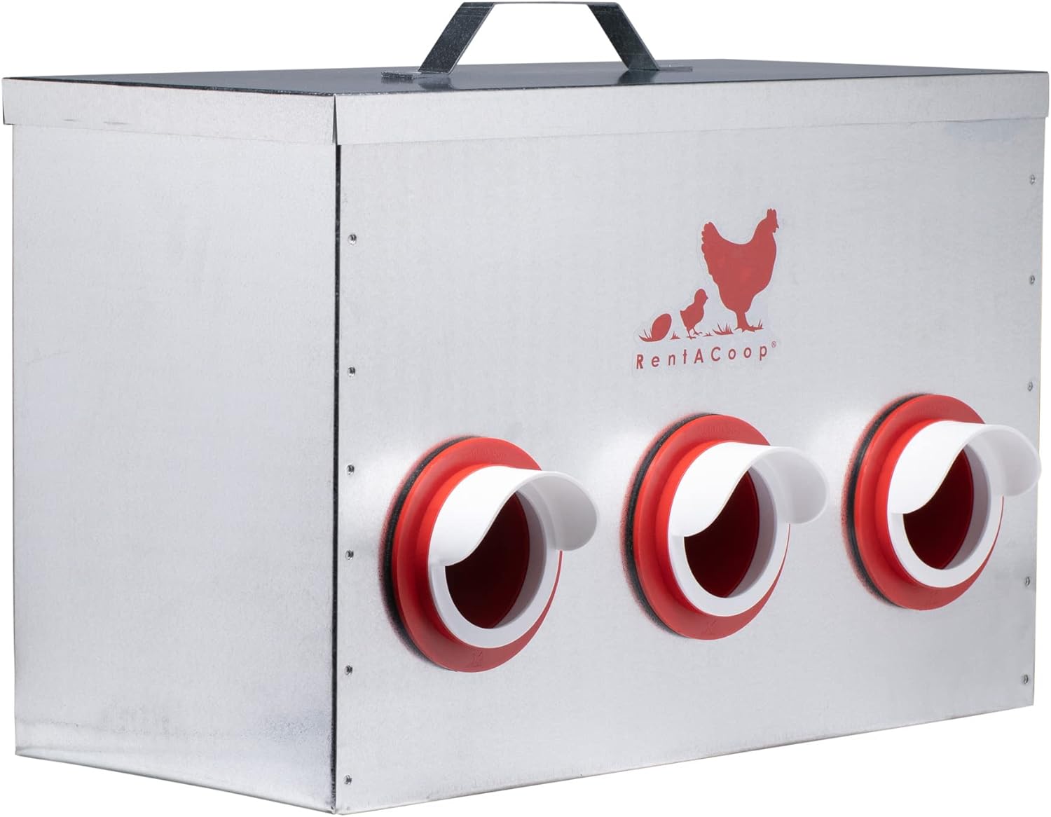 RentACoop Metal 65lb 6-Port Feeder - includes Lid, Ports, Rain Hoods, and Feed Diverters - Suitable for 12 Week Old Chickens/Older and Adult Chickens/Poultry