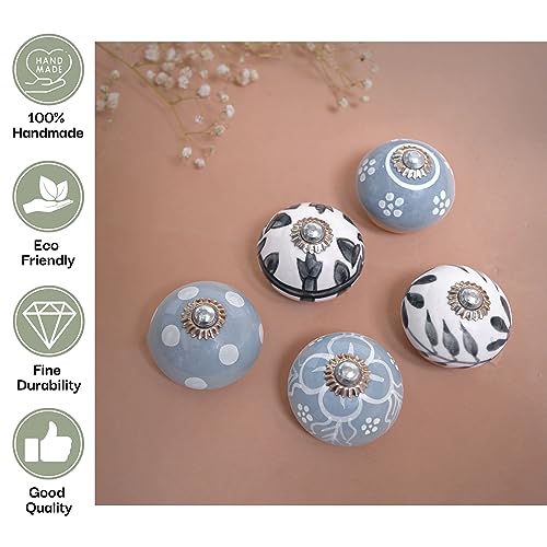 RAJRANG Ceramic Cabinet Knobs and Pulls Pack of 25 Grey White Antique Hand Painted Boho Design Dresser Drawer Furniture Decorative Kitchen Handles