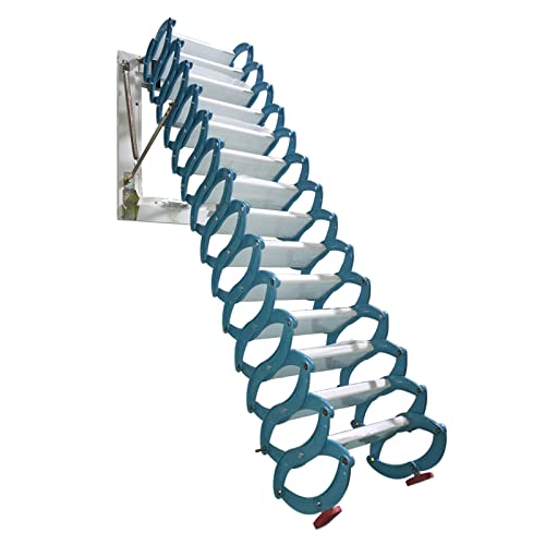 TECHTONGDA Loft Ladder Aluminum-Magnesium Alloy Attic Steps Pull Down 14 Steps Attic Stairs Wall Mounted Type Folding Ladder with Armrests 11.5 ft Height 660 lb Capacity Blue