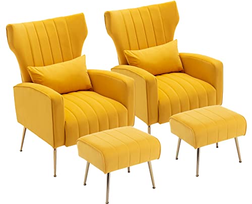 Kmax Velvet Accent Chair with Ottoman Mid Century Modern Tufted Arm Chair with Gold Legs Pillow for Bedroom Living Room Vanity Reading, Cream, Set of 2