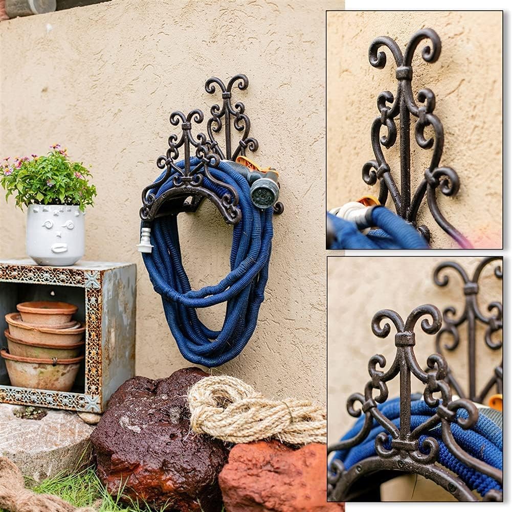Garden Hose Holder Cast Iron Wall Mounted Hanger Reel, Antique Brown Finish Water Rack, Organizer for Outside Yard, 57645