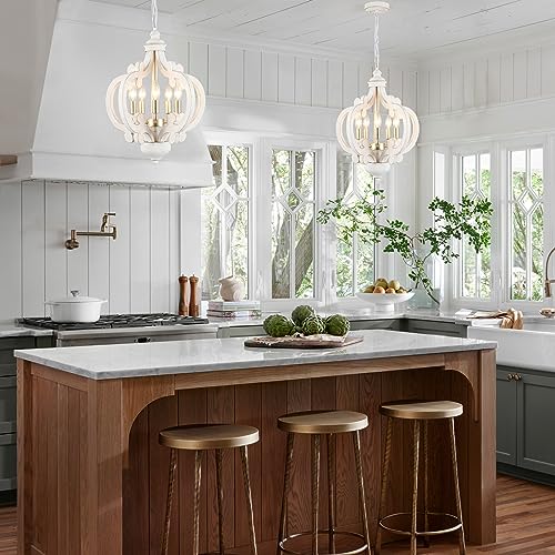 Wooden Farmhouse Antique White Chandelier, 5 Lights Cottage Lighting Fixture Industrial French Country Chandelier Hanging Ceiling Lamp for Kitchen Island Dining Room Bedroom Foyer Hallway