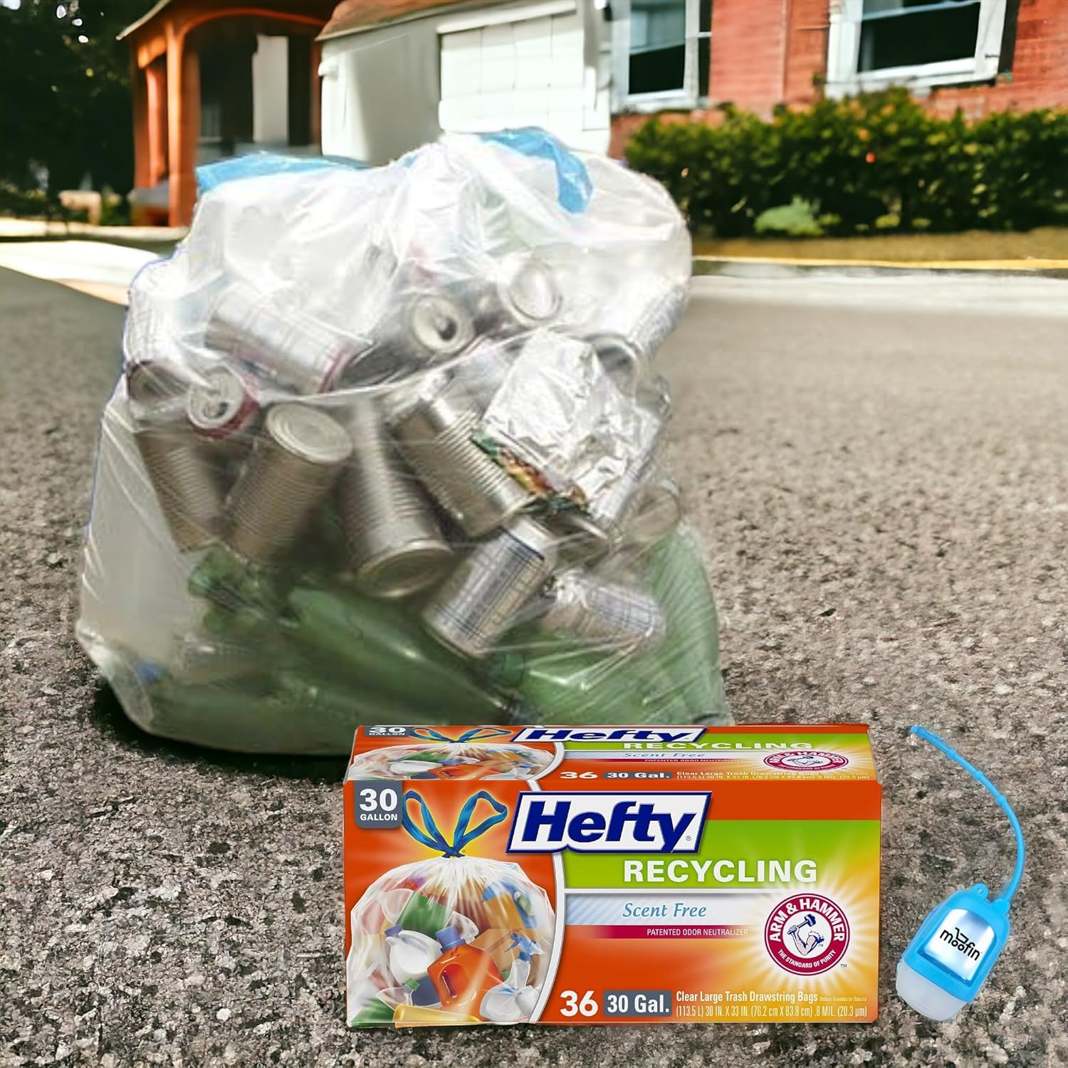 Recycling Bags, 36 Count, Ideal for Large 30 Gallon Capacity Trash Bags, Durable & Puncture-Resistant, with Moofin Hand Sanitizer Dispenser, Clear Recycling Bags (Pack of 2)
