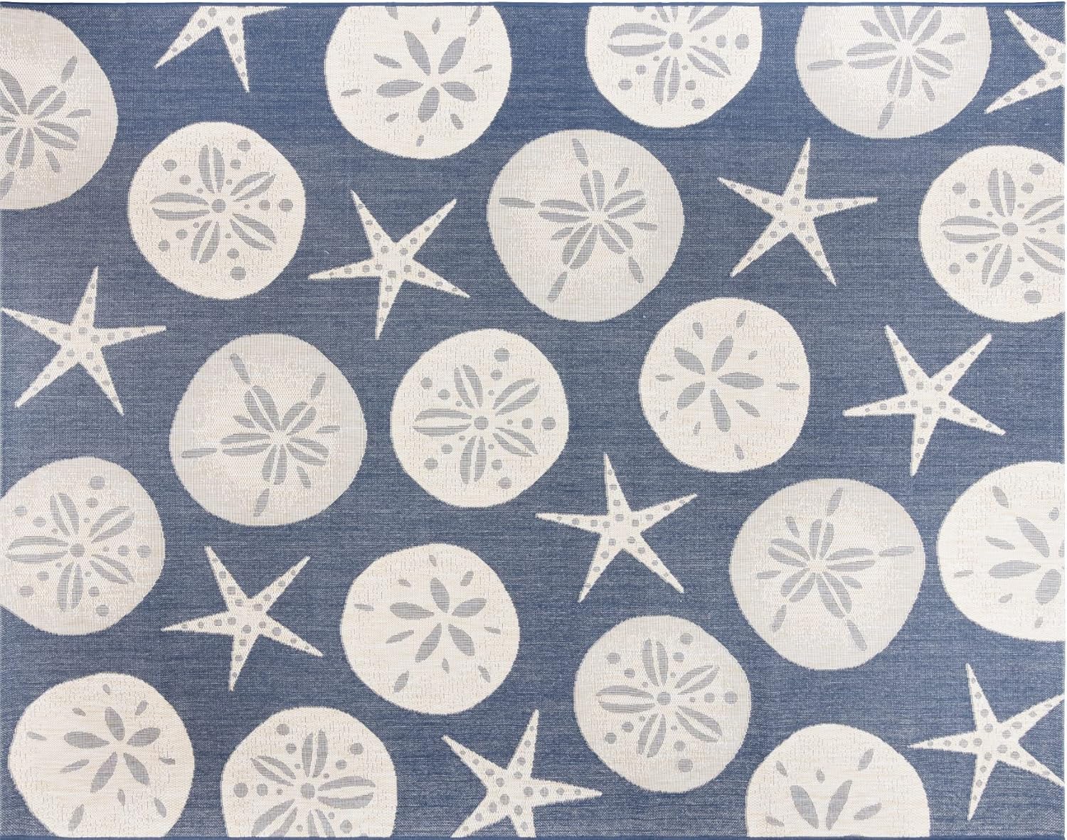Gertmenian Indoor Outdoor Classic Flatweave Area Rug, Stain & UV Resistant Carpet, Deck, Patio, Poolside & Mudroom, 8x10 Ft Large, Sand Dollar Starfish, Navy Blue, 22903