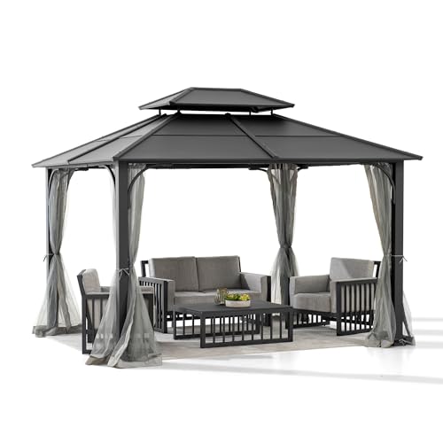 Sunjoy Hardtop Gazebo 13 x 15 ft. Outdoor Patio Steel Frame Gazebo with 2-Tier Metal Roof and Mesh Netting, Black