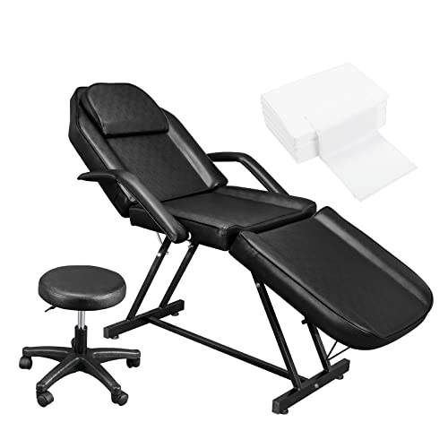 Massage Salon Tattoo Chair Esthetician Bed with Hydraulic Stool,Multi-Purpose 3-Section Facial Bed Table, Adjustable Beauty Barber Spa Beauty Equipment, Black
