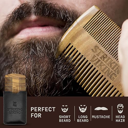 Striking Viking Sandalwood Beard Comb & Case - Pocket Sized Wooden Beard & Mustache Comb With Fine & Coarse Teeth - Perfect For Use With Balms & Oils - Wood Mustache Comb - Wooden Combs For Beards