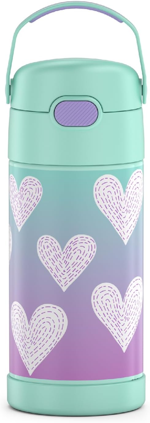 THERMOS FUNTAINER Water Bottle with Straw - 12 Ounce, Purple Hearts - Kids Stainless Steel Vacuum Insulated Water Bottle with Lid