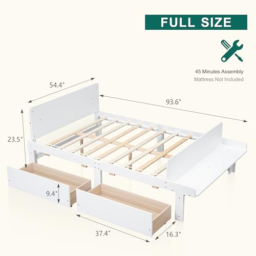 Dolonm Twin Bed Frames for Kids with 2 Drawers, Storage Platform Bed with Footboard Bench, Twin Kids Bed Headboard Frame Pine Wood, High Stable, No Box Spring Needed, Twin Bed for Kids, White