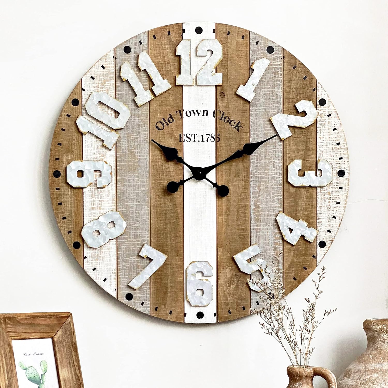 Large 24 Inch Striped Wood Shiplap Wall Clock with Raised Metallic Numbers,Farmhouse Wood Noiseless Wall Clock,Silent Non-Ticking Battery Operated Wall Clock