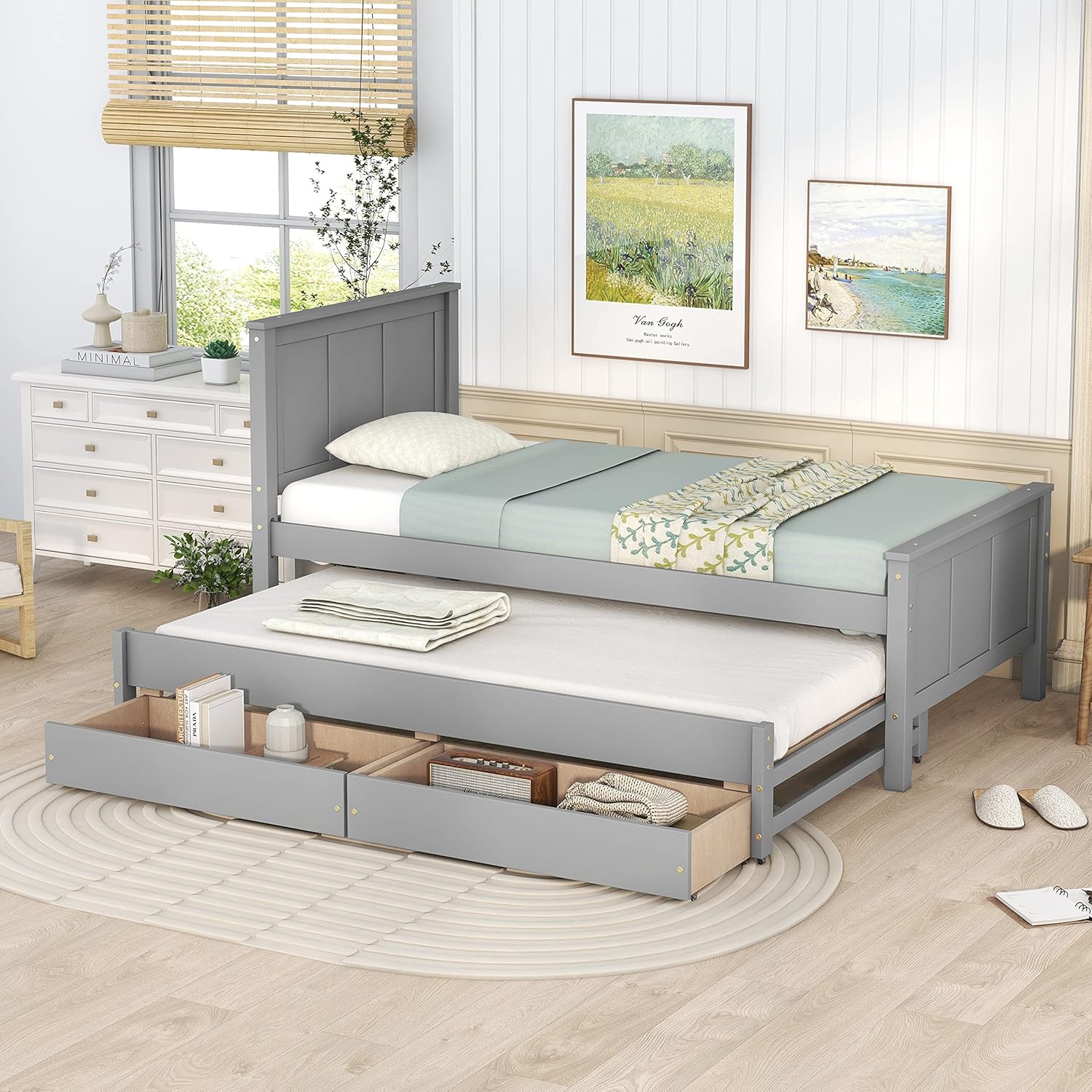 Twin Size Platform Bed with Trundle and 2 Storage Drawers, Wooden Platform Bed Frame Storage Bed with Headboard for Kids Teens Adults Bedroom, No Box Spring Needed, Gray