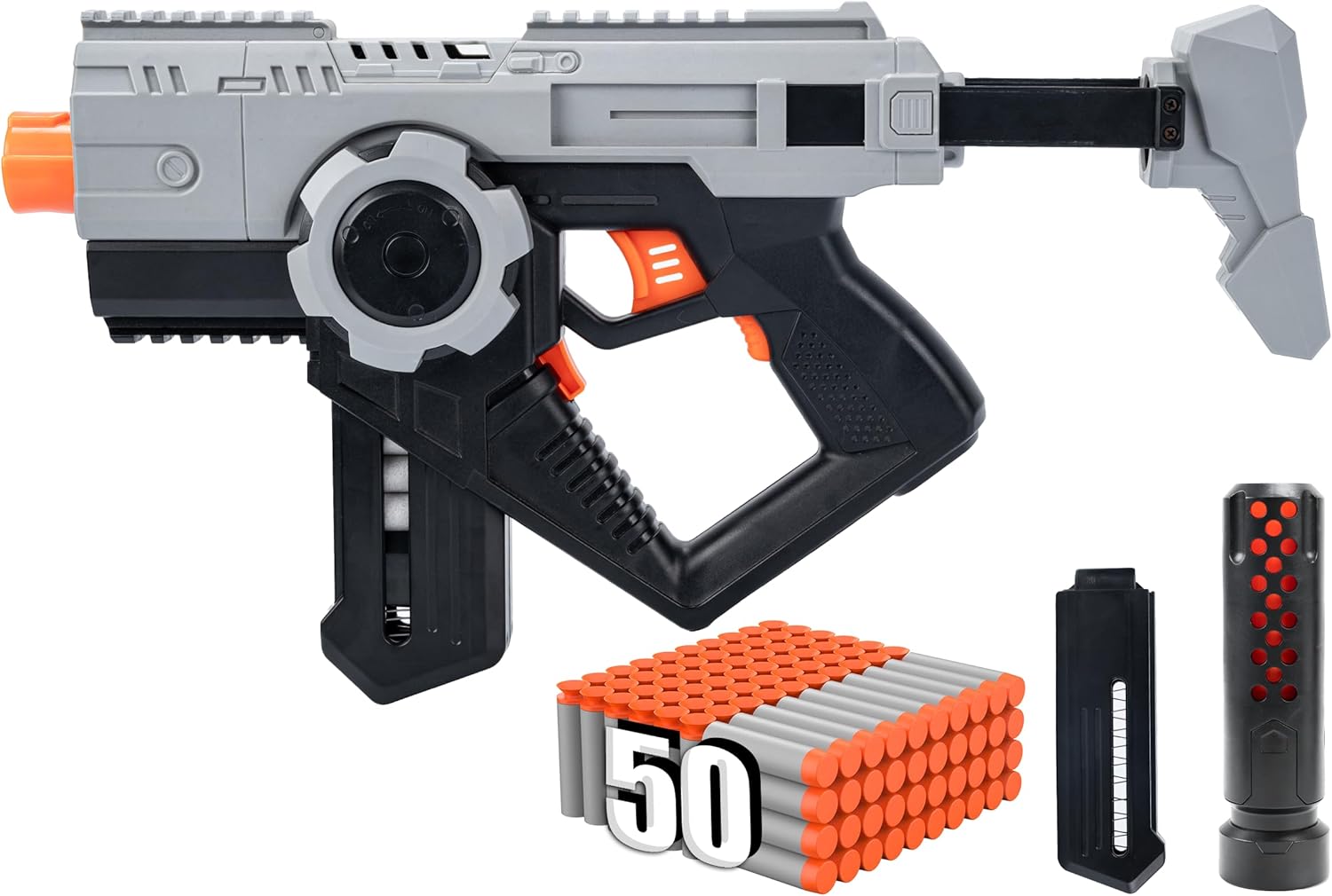 Electric Automatic Toy, Foam Soft Bullets Toy Blaster, 50 Darts, 20-Capacity Dart Cartridge, Toy Gift for Kids, Boys, Girls, Grey