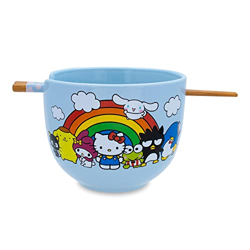 Toynk Sanrio Hello Kitty and Friends Rainbow Ceramic Dinnerware Set | Includes 20-Ounce Ramen Noodle Bowl and Wooden Chopsticks