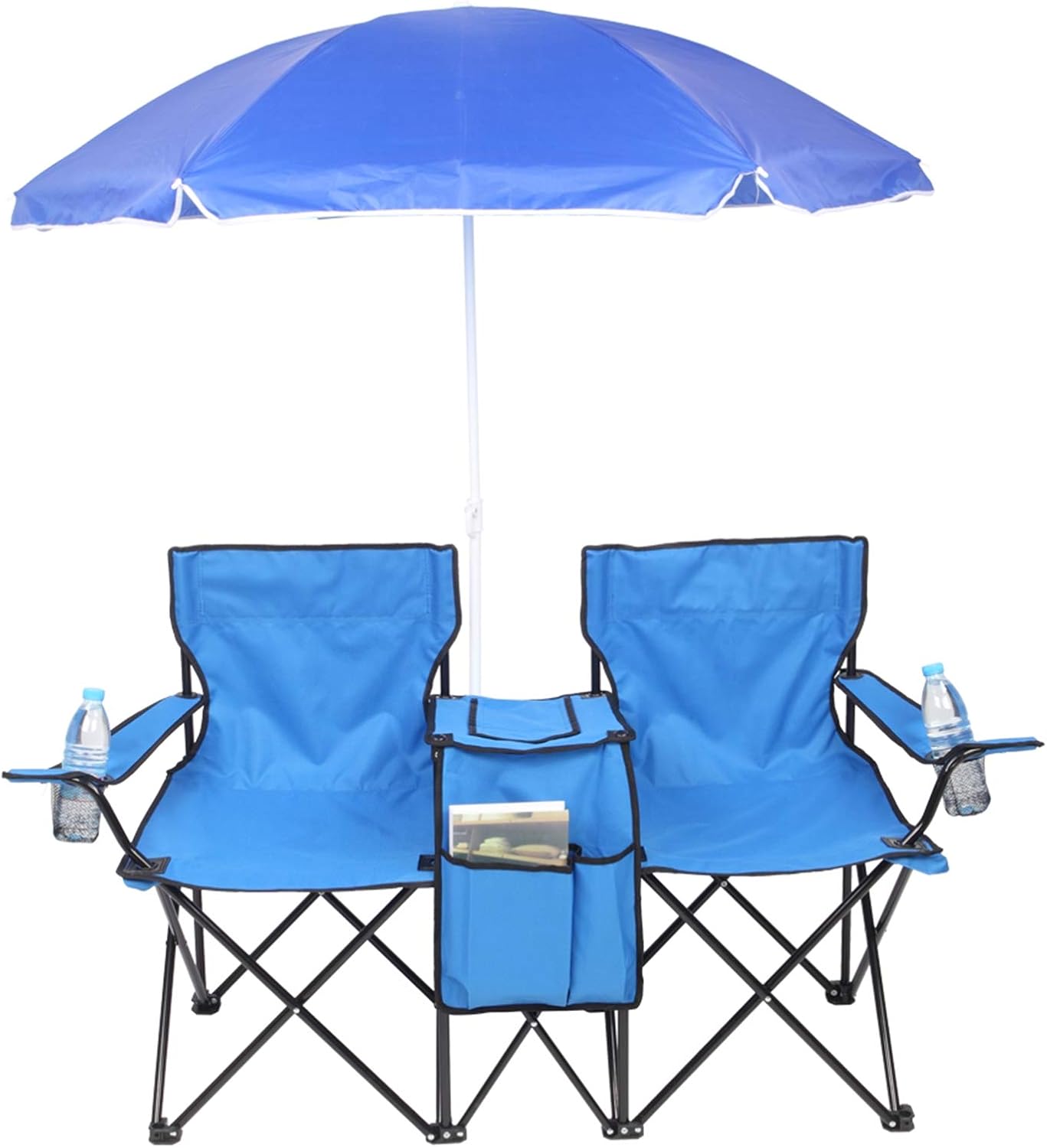 Double Camping Chairs Portable Outdoor Picnic Folding Chairs with Sun Umbrella with Table Carrying Bag Detachable Umbrella Cooler Bag Cup Holders for Patio Outside Fishing Beach Chairs