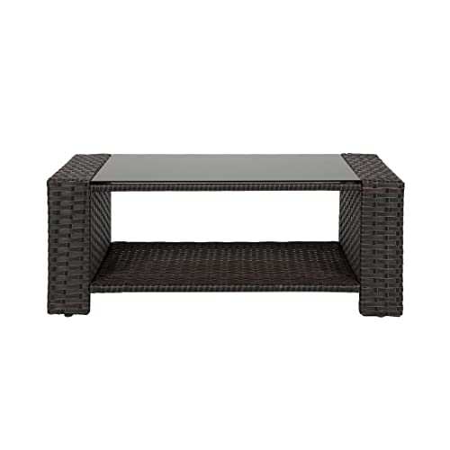 WO Home Furniture Patio Conversation Set of 4 PCS Black Rattan Wicker Sofa, Chairs & Table w/Pillow Cushions (Beige)