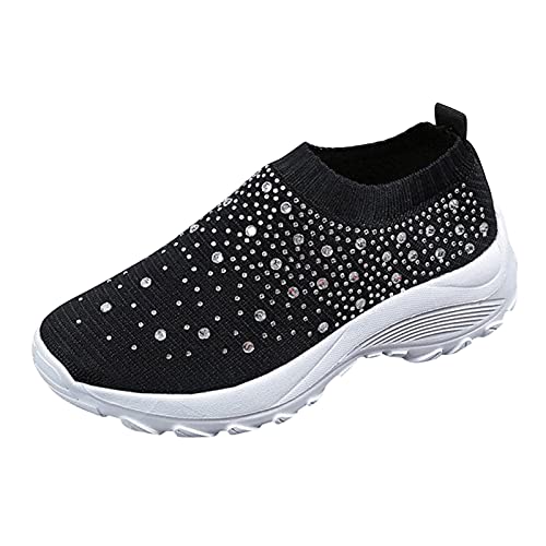Women’s Sparkly Rhinestones Slip On Mesh Sock Sneakers Breathable Non-slip Running Shoes Laceless Comfort Lightweight Walking Shoes for Summer Casual Working Gym Tennis Athletic Indoor Outdoor