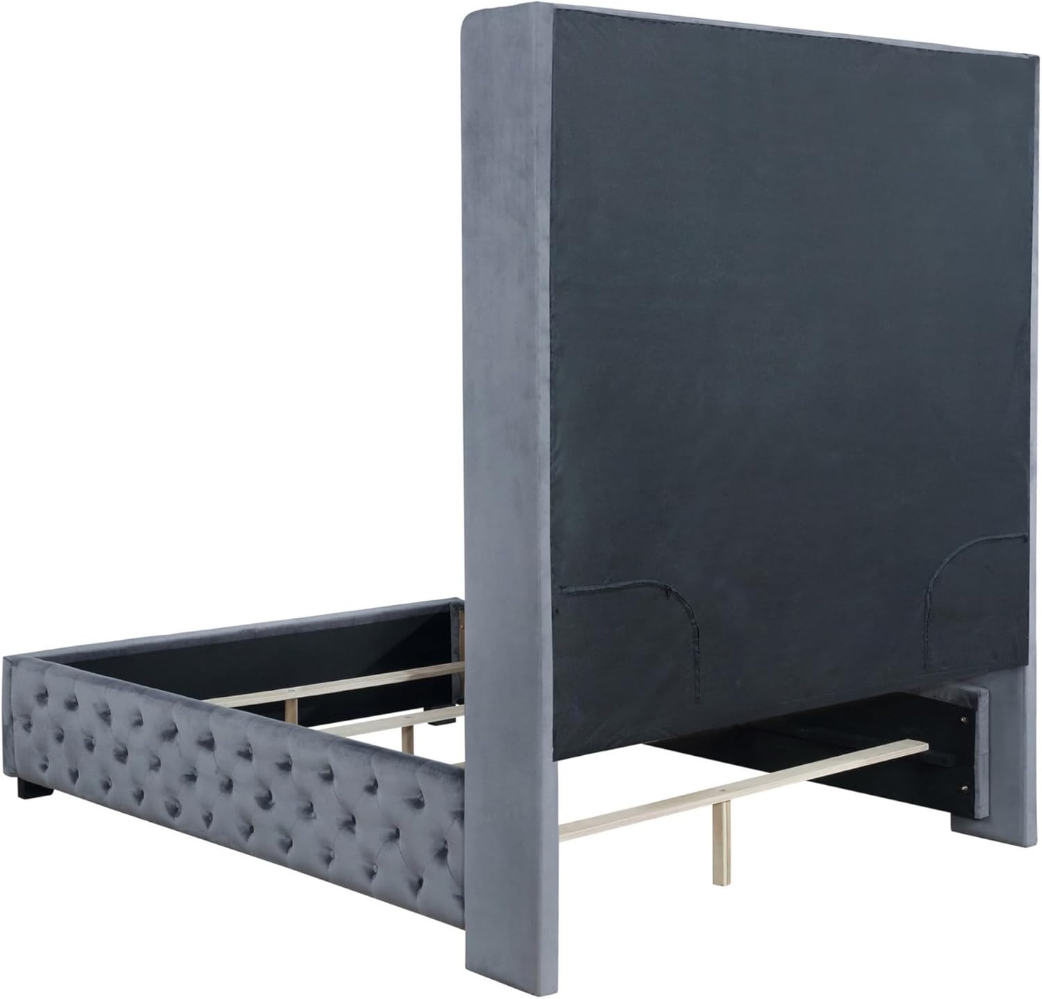 Benjara Qua Wingback Queen Panel Bed, Nailed Tall Headboard, Velvet Upholstery, Gray, Black and Silver