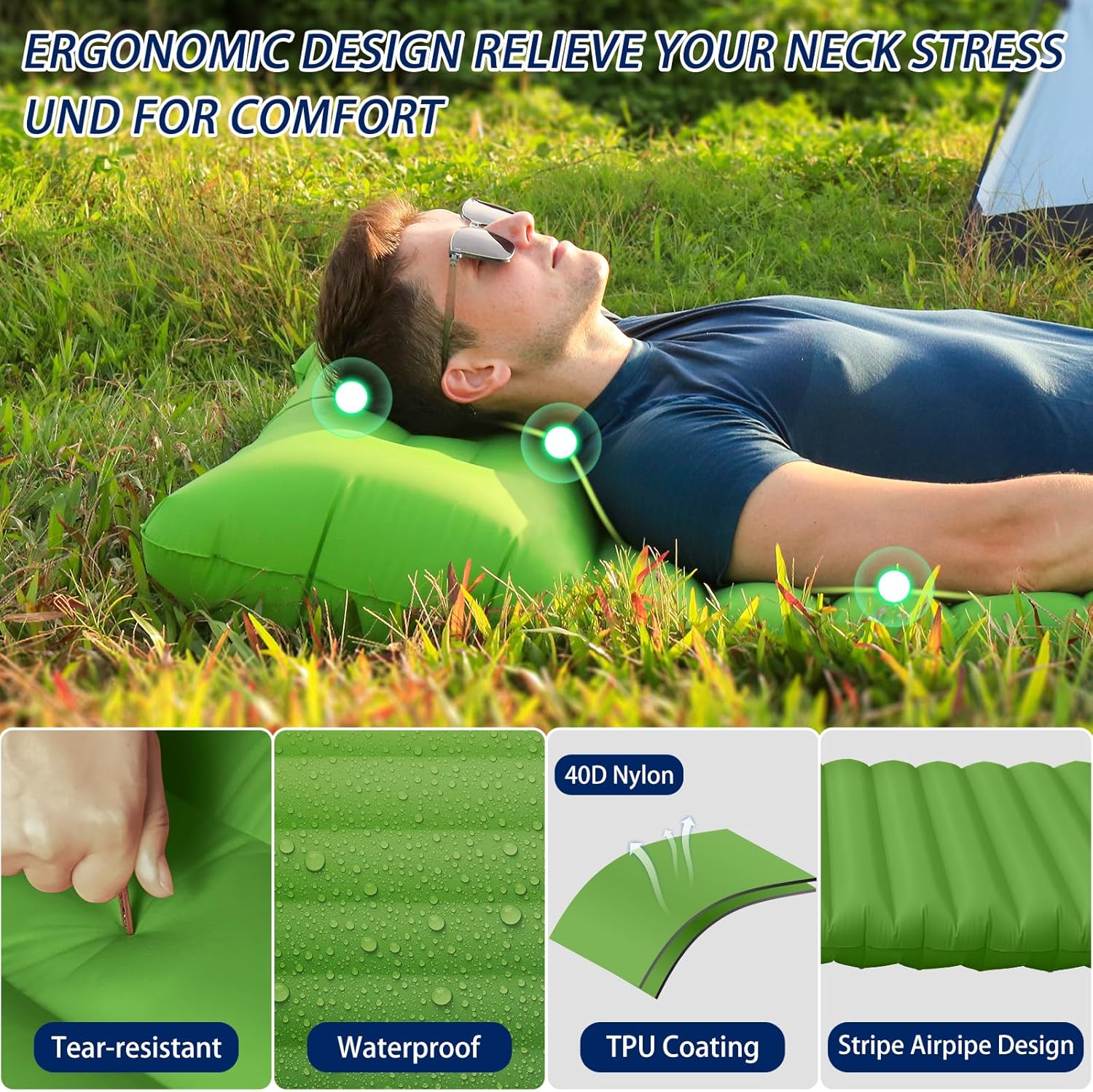 JOSEN Sleeping Pad for Camping, 78''X26'' Camping Mattress, Ultralight 1.9lb Inflatable Sleeping Mat with Pillow, Built-in Pump, Compact Air Mattress for Backpacking Hiking Tent - Green