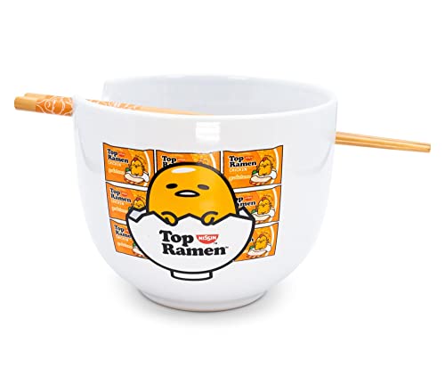 Silver Buffalo Sanrio Gudetama Lazy Egg Nissin Top Ramen Ceramic Ramen Noodle Rice Bowl with Chopsticks, Microwave Safe, 20 Ounces