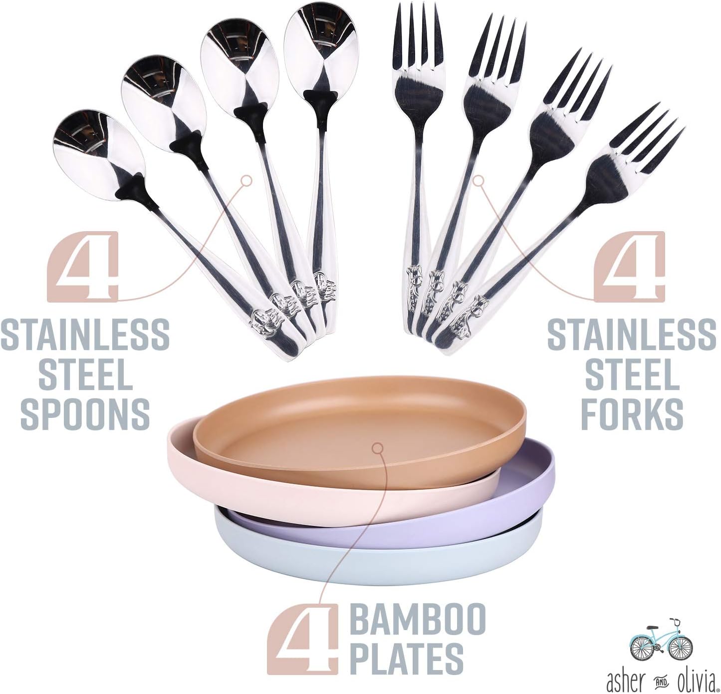 Bamboo Plates for Kids and Toddlers – 12 Pack Bamboo Toddler Plates & Stainless Steel Silverware Set – 8 Inch Bamboo Kids Plates – Eco-Friendly Kids Bamboo Plates – Dishwasher Safe
