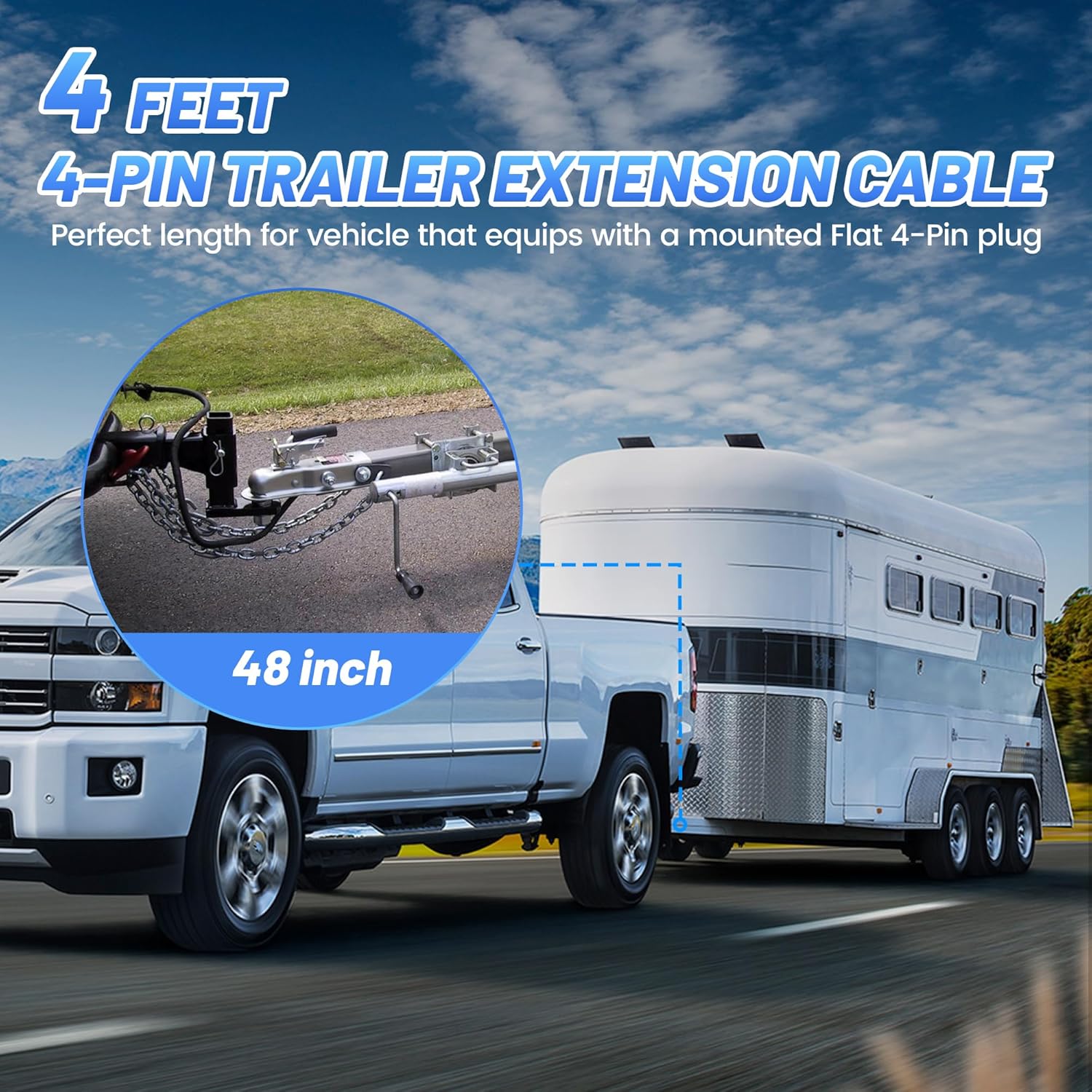 4 Pin Flat Trailer Extension Cable 48” 4FT, 18AWG 4 Way Trailer Wiring Conenctor Harness Vehicle-Side Trailer-Side 4 Prong Trailer Light Plug Trailer Hitch Wire Heavy Duty Copper Jacket Cable