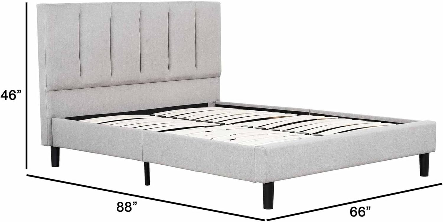 Benjara Heli Queen Bed, Gray Linen Upholstered Frame, Vertical Tufted Headboard