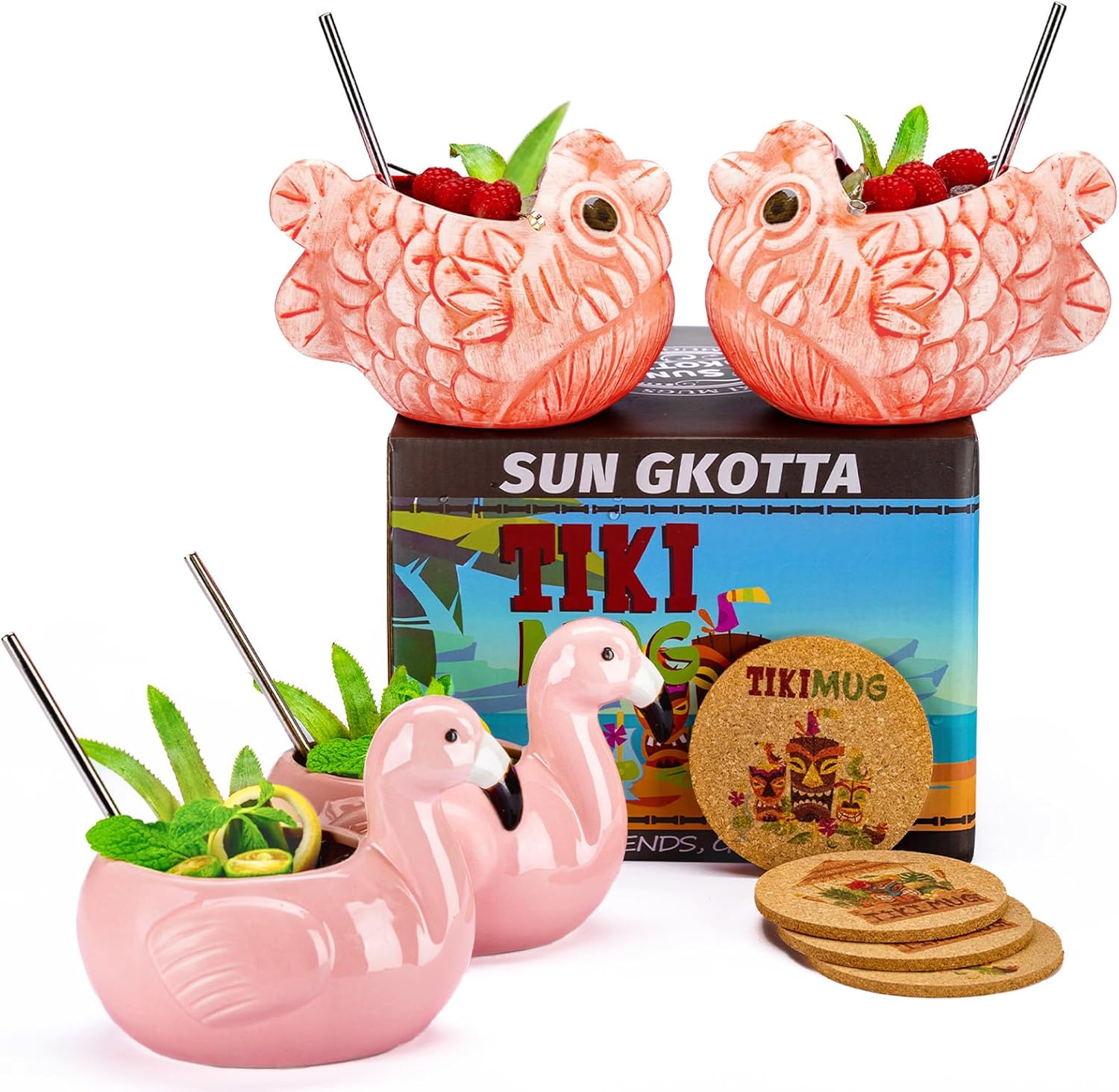 Tiki Mugs for Cocktail and Juice Set Of 4,Cute Ceramic tiki Cup Gift-Set，Animal-Shape Cocktail Glasses For Hawaiian Party，Mai Tai, Luaus, pool party，and Tiki Bars.