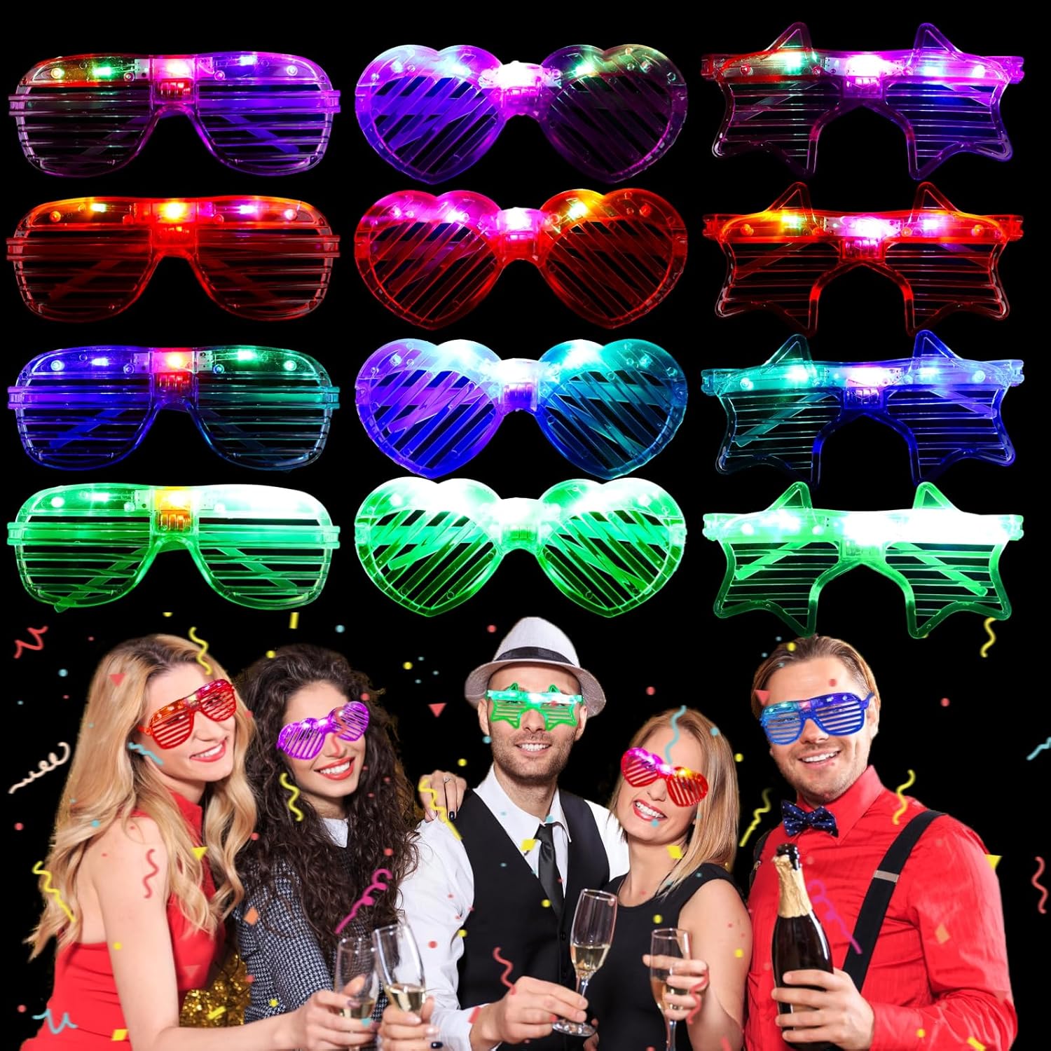 12 Pcs LED Glasses, 3 Shapes Shutter Shades with 4 Colors, Light Up Glasses, Glow in The Dark Neon Party Favors, Flashing Glasses for Adults,Mardi Gras Party Supplies